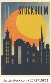 Stockholm retro city poster with abstract shapes of skyline, landmarks. Sweden vintage travel vector illustration, cityscape at sunrise, sunset