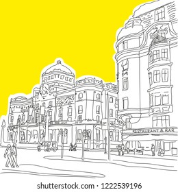 Stockholm. Royal Dramatic Theater. Sketch. Old town view. Vector line style illustration. Suitable for packaging.

