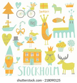 Stockholm set in vector. Cute stylish scandinavian set with house, church, gnome, birds, moose, bicycle, horse and other Stockholm symbols in popular colors