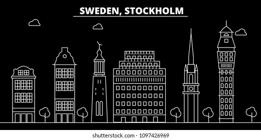 Stockholm silhouette skyline. Sweden - Stockholm vector city, swedish linear architecture, buildings. Stockholm travel illustration, outline landmarks. Sweden flat icon, swedish line banner