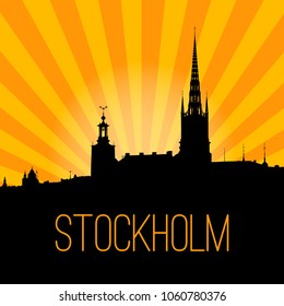 Stockholm skyline background vector illustration. Black silhouette over retro rays of light sunset sky.
