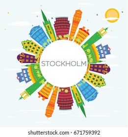 Stockholm Skyline with Color Buildings, Blue Sky and Copy Space. Vector Illustration. Business Travel and Tourism Concept with Historic Architecture. Image for Presentation Banner Placard and Web Site