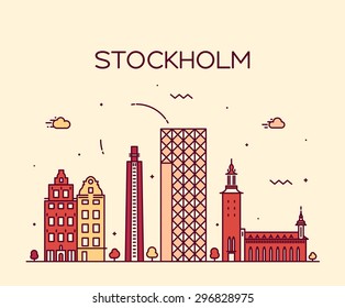 Stockholm skyline, detailed silhouette. Trendy vector illustration, linear style.