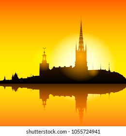 Stockholm skyline evening background vector illustration. Black silhouette over vibrant orange sunset sky with the sun.