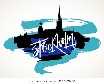 Stockholm skyline hand drawn vector illustration. Black silhouette and blue artistic brush strokes isolated over whte background. 