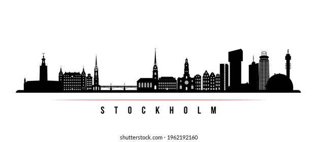 Stockholm skyline horizontal banner. Black and white silhouette of Stockholm, Sweden. Vector template for your design. 