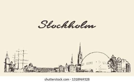Stockholm skyline, Sweden, hand drawn vector illustration, sketch