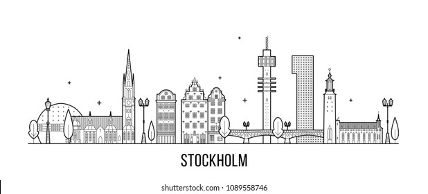 Stockholm skyline, Sweden. This illustration represents the city with its most notable buildings. Vector is fully editable, every object is holistic and movable