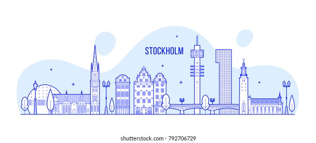 Stockholm skyline, Sweden. This illustration represents the city with its most notable buildings. Vector is fully editable, every object is holistic and movable