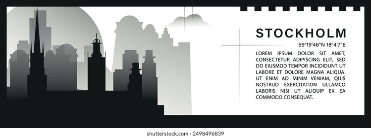 Stockholm skyline vector banner infographic, black and white minimalistic cityscape silhouette. Sweden capital city horizontal graphic, travel, monochrome layout for website