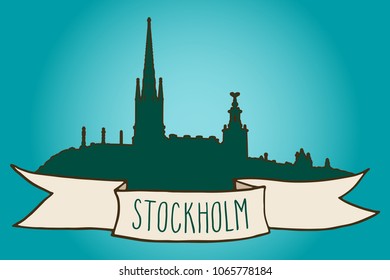 Stockholm skyline vector illustration. Green silhouette and folded ribbon banner over blue background.