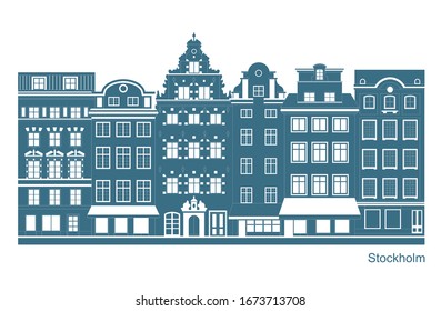 Stockholm - Stortorget place in Gamla stan. Stylized flat highly detailed illustration of an old European town