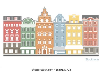 Stockholm - Stortorget place in Gamla stan. Stylized flat highly detailed illustration of an old European town