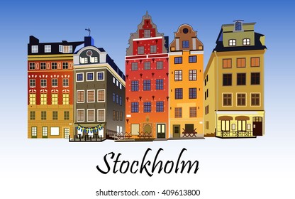 Stockholm, Stortorget place in Gamla stan vector  illustration suitable for postcard and poster