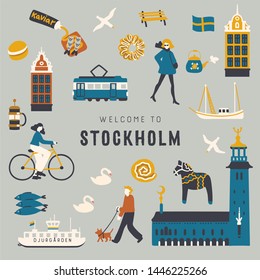 Stockholm Sweden cartoon doodle set of main buildings, landmarks, food and symbols. Cute design for souvenirs, cards, posters. Welcome to Stockholm lettering