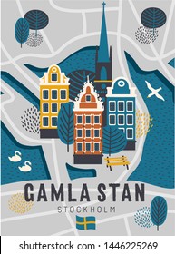 Stockholm Sweden cartoon set of scandinavian old town district buildings - gamla stan (translation: old town) with birds, trees. Cute design for souvenirs, cards, posters. Stockholm, Sweden lettering