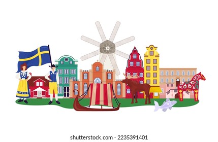 Stockholm Sweden cartoon travel vector illustration. Buildings, landmarks and symbols. Gamla stan old city, souvenirs, flag and swede.