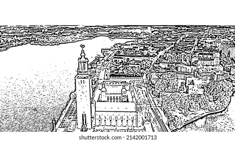 Stockholm, Sweden. Stockholm City Hall. Stockholms stadshus. Doodle sketch style, aerial city

