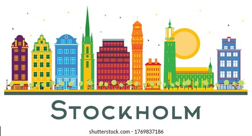 Stockholm Sweden City Skyline with Color Buildings Isolated on White. Vector Illustration. Business Travel and Tourism Concept with Historic Architecture. Stockholm Cityscape with Landmarks.