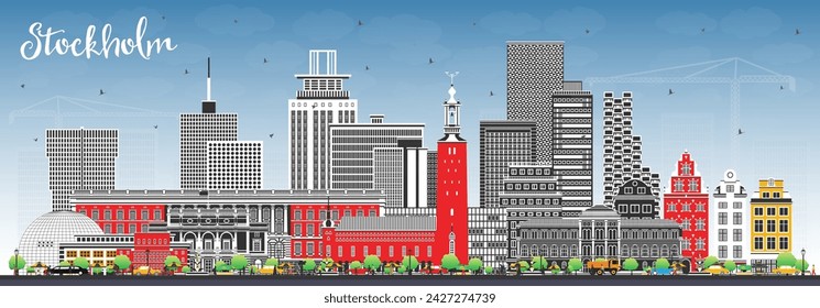 Stockholm Sweden city skyline with color buildings and blue sky. Vector illustration. Stockholm cityscape with landmarks. Business travel and tourism concept with modern and historic architecture.