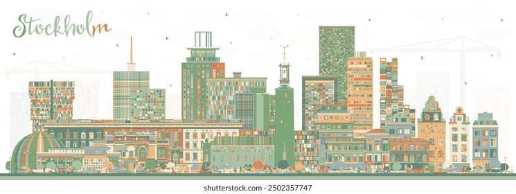 Estocolmo Suecia skyline de la ciudad con edificios de color. Ilustración vectorial. Paisaje urbano de Estocolmo con Lugares famosos. Viajes de negocios y concepto de turismo con arquitectura moderna e histórica.