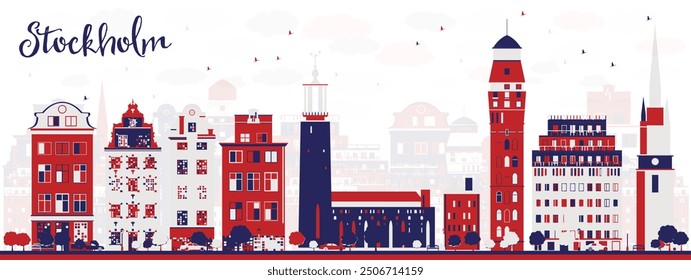 Stockholm Sweden city skyline with color buildings. Vector illustration. Cityscape with landmarks.