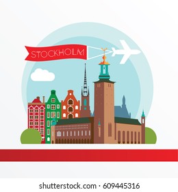Stockholm Sweden. City skyline silhouette. Vector illustration. Icon for travel agency