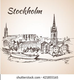 Stockholm, Sweden - city view. Hand drawn ink line pen. Sketch.