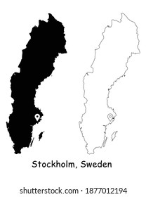 Stockholm, Sweden. Detailed Country Map with Location Pin on Capital City. Black silhouette and outline maps isolated on white background. EPS Vector