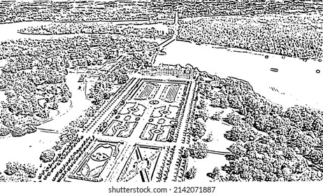 Stockholm, Sweden. Drottningholm - royal residence with gardens. Doodle sketch style. Aerial view
