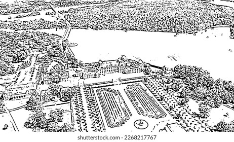 Stockholm, Sweden. Drottningholm - royal residence with gardens. Doodle sketch style. Aerial view