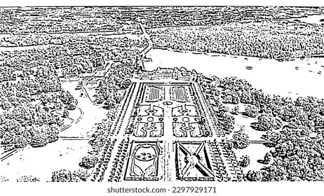 Stockholm, Sweden. Drottningholm - royal residence with gardens. Doodle sketch style. Aerial view