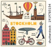 Stockholm Sweden. Hand drawn illustration of different landmarks and symbols
