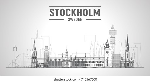 Stockholm ( Sweden ) line skyline with panorama in white background. Vector Illustration. Business travel and tourism concept with modern buildings. Image for presentation, banner, web site.