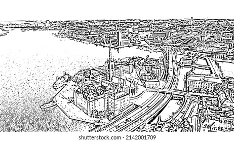Stockholm, Sweden. Old Town. Riddarholmen. Doodle sketch style. Aerial view