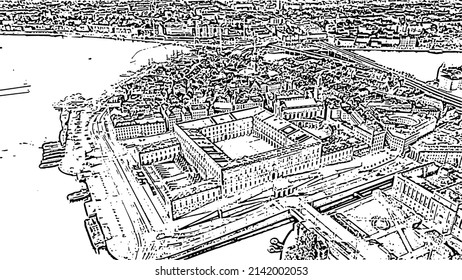 Stockholm, Sweden. Panoramic view of the central part of the city. Doodle sketch style. Aerial view