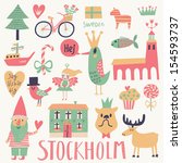 Stockholm Sweden set in vector. Cute stylish scandinavian set with house, church, gnome, birds, moose, bicycle, horse and other Stockholm symbols in bright colors