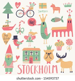 Stockholm Sweden set in vector. Cute stylish scandinavian set with house, church, gnome, birds, moose, bicycle, horse and other Stockholm symbols in bright colors