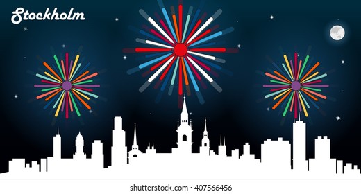 Stockholm Sweden skyline silhouette, dark night sky with fireworks vector design