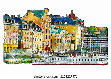 Stockholmer Süßwasserfarbe, handgezeichnet, Illustration einzeln auf weißem Hintergrund