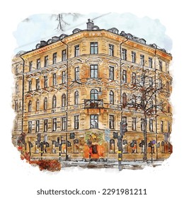 Stockholm Sweden Watercolor sketch hand drawn illustration  graphic vector print for t shirt   background print design 