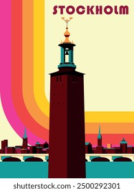 Stockholm Reiseplakat Design im trendigen Retro Line Stil. Moderne Kunst Poster Retro Vintage Stil 1970er Jahre Streifen Hintergrund Schablone Linien Formen Vektordesign