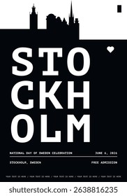 Stockholm typography minimalist vector poster for national event, public holiday, independence day, festival layout. Brochure, leaflet, flyer, presentation image template for Sweden city