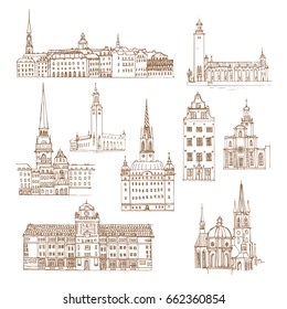 Stockholm. Vector sketch old town. Hand drawn public and religious buildings.
