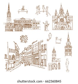 Stockholm. Vector sketch town. Hand drawn streets, buildings and small architectural forms.