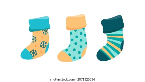 Stockig for gifts. Christmas socks. Stocking filler. For fireplace. Isolated vector stock illustration EPS 10 on white background.