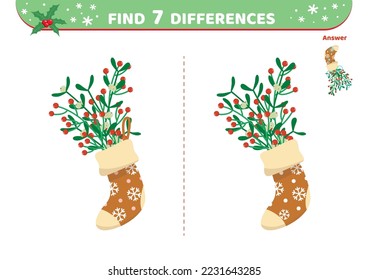 Stocking with berries. Find 7 differences. Christmas game for kids. Isolated vector illustration eps 10