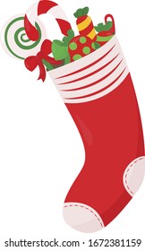 Stocking with candies, illustration, vector on white background.