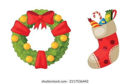 Stocking with Candy and Wreath as Merry Christmas Holiday Object and Element Vector Set