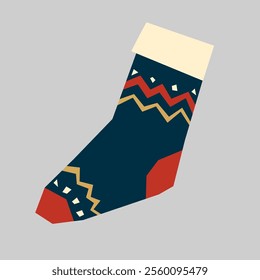 Stocking of dark blue color with ornament in flat style. Christmas sock cut out of paper. Minimalistic geometric shape sock. Vector illustration isolated on white.